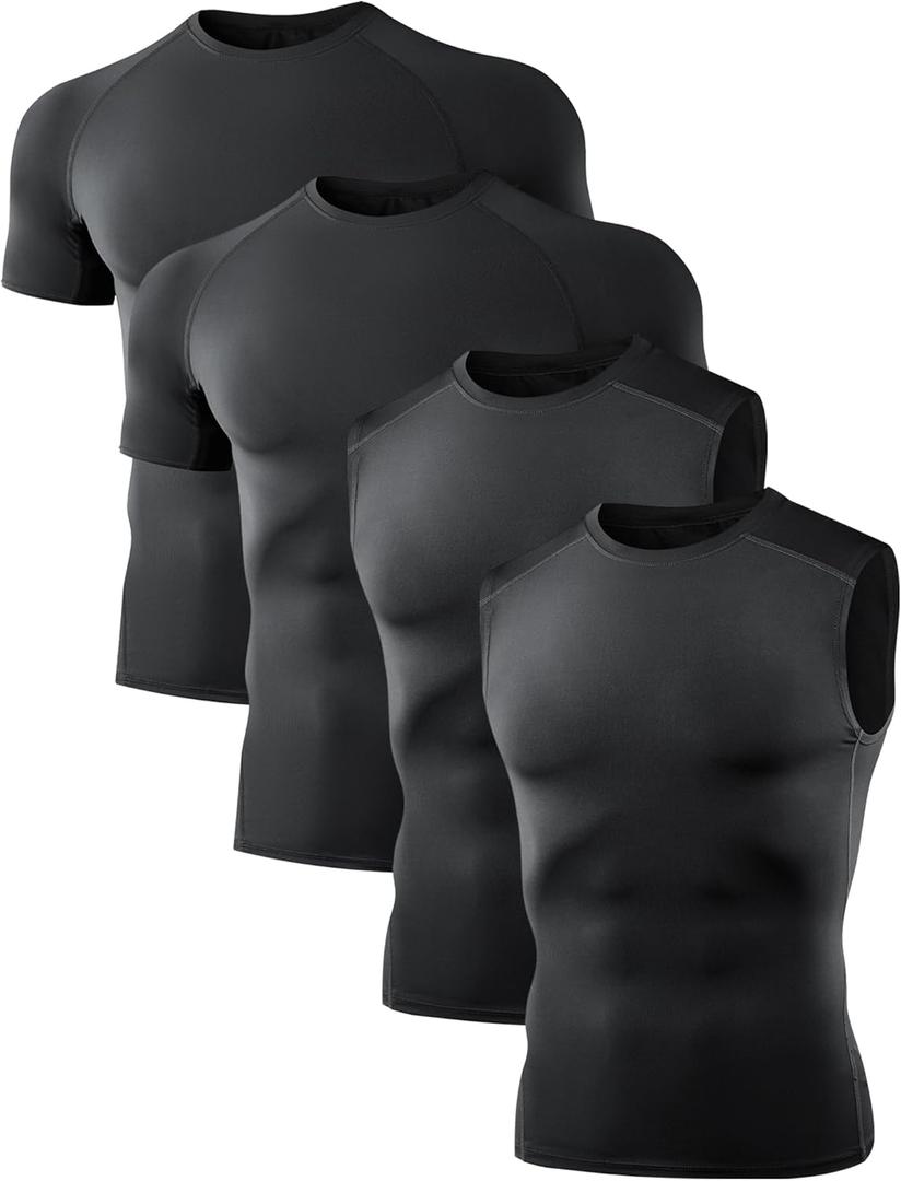 Dalavch 4/5 Pack Men's Compression Shirts Short Sleeve/Sleeveless Sports Athletic Workout Base Layer Undershirt T-Shirt Tops, Black, Small