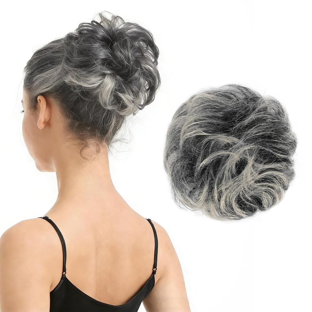 BARSDAR 100% Human Hair Bun Extension - Real Human Hair Gray Messy Bun Scrunchie for Women - Elastic Wavy Small Updo Chignons Grey Salt and Pepper Hairpieces Soft Natural Looking Daily