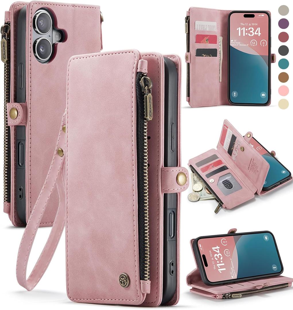 Defencase Compatible with iPhone 16 Plus Case Wallet with RFID Blocking Card Holder for Women Men, PU Leather Magnetic Snap Flip Zipper Strap Wallet Phone Case Fit for iPhone 16 Plus 6.7", Rose Pink