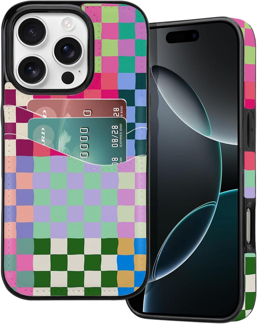 iPhone 16 Pro Wallet Case Card Holder Slot Slim Cute Design Soft Leather Protective Phone Case with 2 Credit Card Pockets for iPhone 16 Pro 6.3 inch for Women,Colorful Checkerboard
