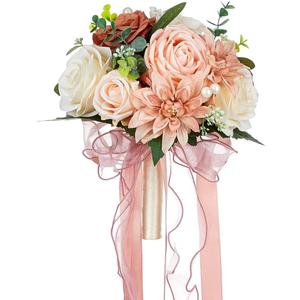 CYANLUX Wedding Bouquets for Bride Bridesmaid Bouquet Champagne White Artificial Roses Flowers for Wedding Valentine's Day Church Home Decoration (Pink)