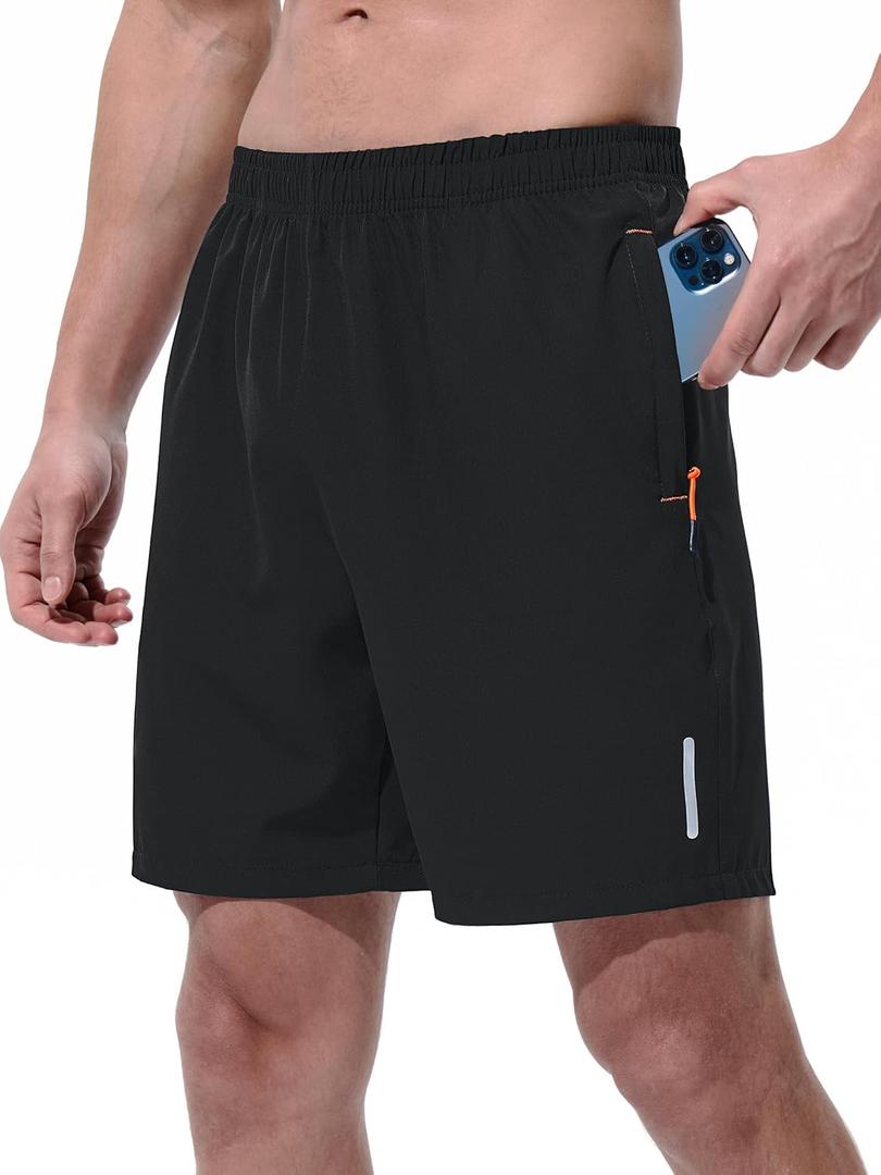 UIQUR Mens Athletic Shorts Running Shorts Quick Dry Workout Shorts 7"/ 9" Lightweight Gym Basketball Shorts Zipper Pockets (Black, M)