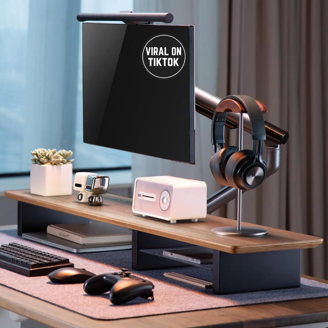 Walnut Monitor Stand for Desk (44 Inch) Large Monitor Stands for 2 Monitors, Desk Shelf for Top of Desk Walnut Monitor Shelf