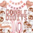 40 Pieces 10th Birthday Decorations Double Digits Party Balloons Happy Birthday Banner Number 10 Rose Gold Foil Balloons Latex Balloons for 10 Year Old Girls Party (Rose gold)