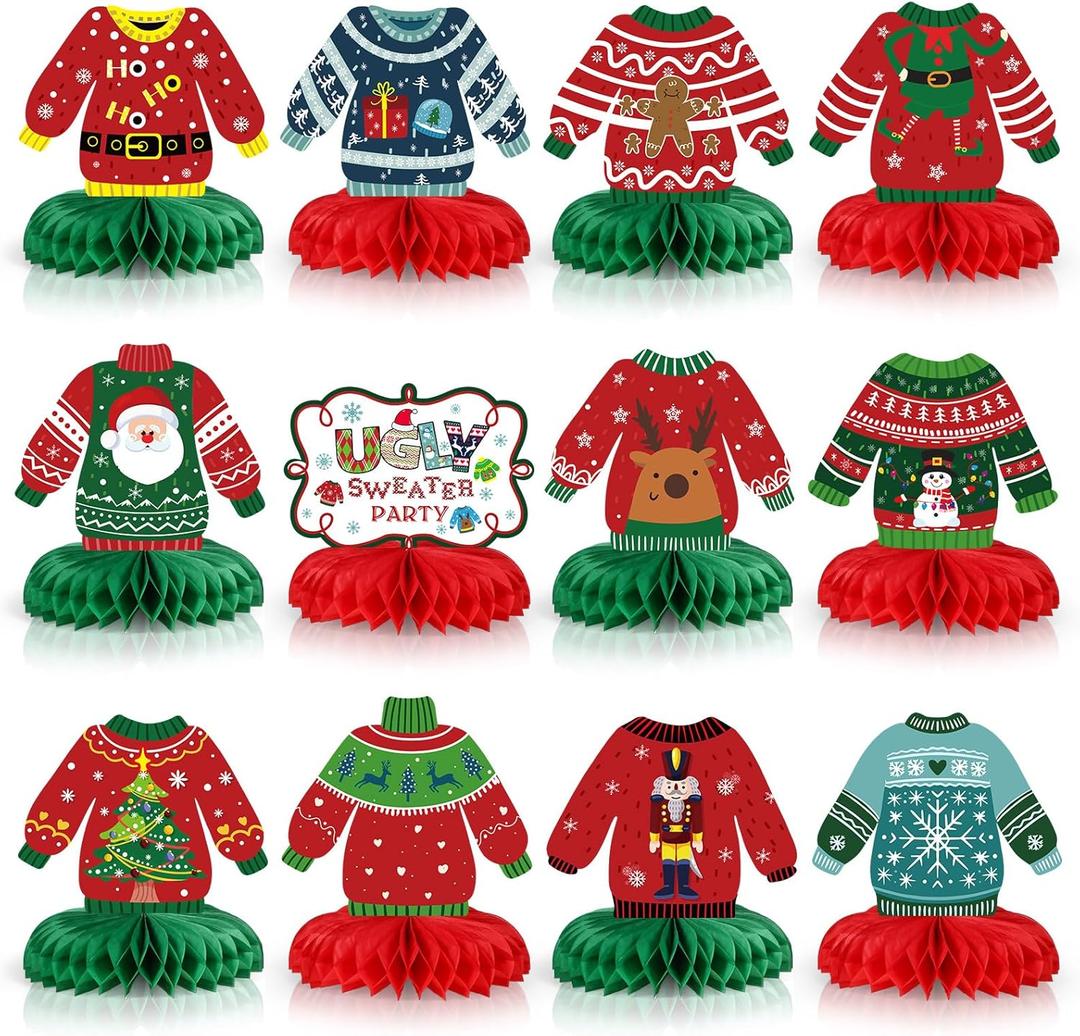 Aoriher 12 Pieces Ugly Sweater Table Decor Christmas Ugly Sweater Honeycomb Centerpieces Xmas Ugly Sweater Party Decorations 3D Table Toppers for Christmas Winter Ugly Sweater Party Supplies