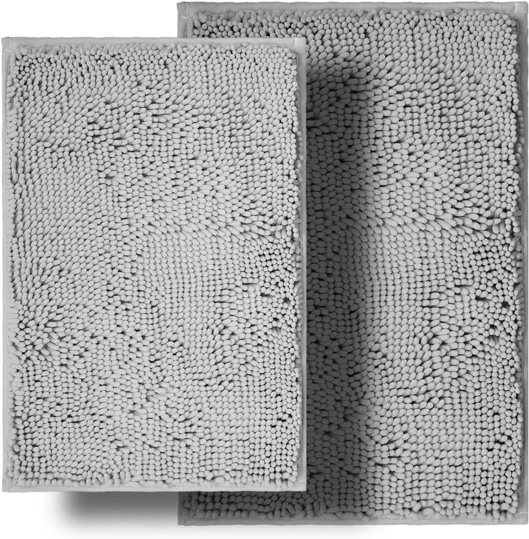 Bathroom Rugs Sets 2 Piece, Ultra Soft Absorbent Bath mat Chenille Bathroom Rug, Antiskid Bath mats Washable Bathroom mat (20x32 inch + 16x24 inch) Light Gray