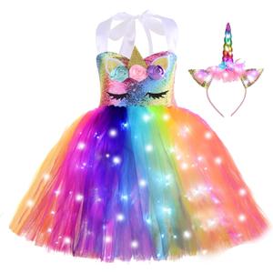 ZeroStage Sequin LED Light Unicorn Costume for Girl Birthday Decorations Halloween Christmas Party Outfit Princess Tutu Dress (7-8 Years, Rainbow)