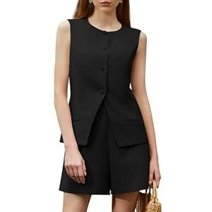 Casly Lamiit Women's Summer 2 Piece Outfits High Waisted Short Sets Crewneck Button Down Vest Business Work Blazer Suit, Black, Large 