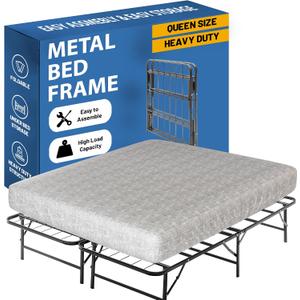Nutan, 14-Inch Foldable Metal Platform Bed Frame with Tool Free Setup, Sturdy Steel, No Box Spring Needed, Queen, Black