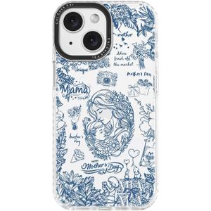 for iPhone 13 & iPhone 14 Case, Blue White Toile Mama Mother’s Day Pattern, Military-Grade Drop Protection, Elegant Vintage TPU Protective Cover with Camera Control for Women Mother's Day