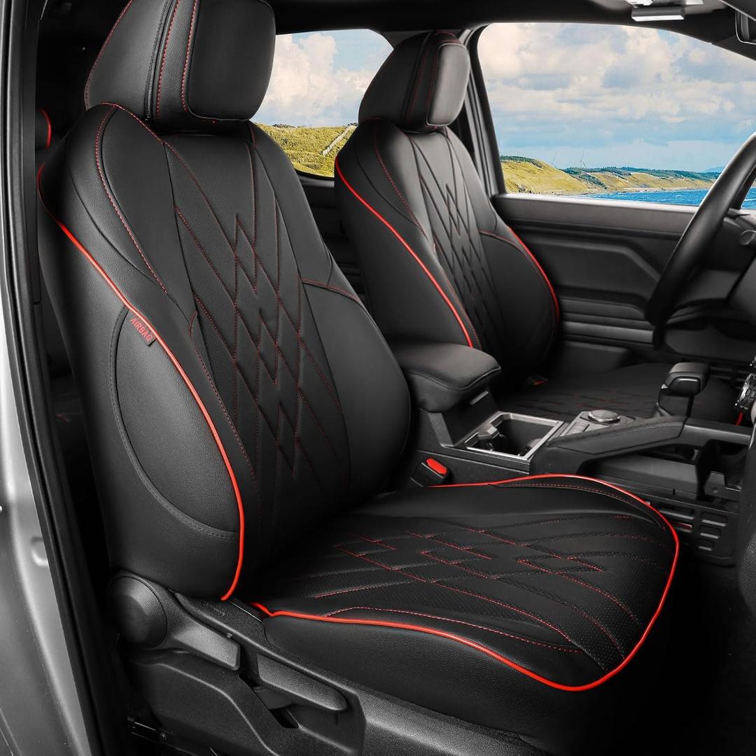 EKR Tacoma Car Seat Covers Custom Fit for Toyota Tacoma (Petrol) 2024 2025 2026 DoubleCab/CrewCab SR/SR5/TRD Sport/TRD Off-Road/Limited -Truck Seat Covers Full Set,Faux Leather(Black with Red Trim)