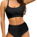 Women's High Waisted Bikini Sets Sporty Scoop Neck Cross Back Bathing Suit Two Piece Swimsuits for Women Black, Medium