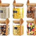 6 Pack 18.2 oz Overnight Oats Containers with Lids,Sealed Borosilicate Glass Jars with Bamboo Lid and Spoon,Clear Food Storage Jar for Kitchen,Candy, Spices, Coffee Beans,Cookies, salad, Oats, Flour