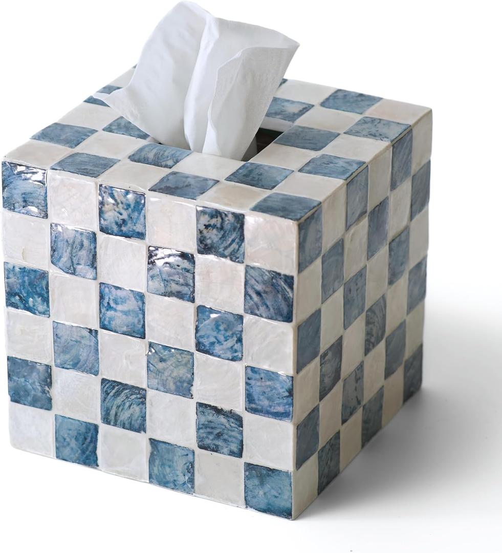 CHI AN HOME 5.7" Square Tissue Box Cover, Handmade Checkered Cube Tissue Box Cover with Capiz Shells, Decorative Tissue Holder for Living Room, Bathroom, Bedroom or Office (Navy Blue)
