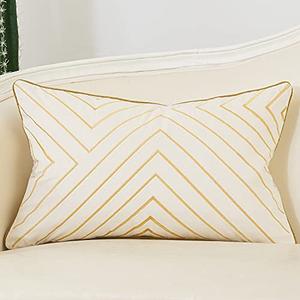 Avigers 12 x 20 Inch White Gold Striped Geometric Lines Embroidery Velvet Cushion Case Luxury Modern Lumbar Throw Pillow Cover Decorative Pillow for Couch Living Room Bedroom Car 30 x 50cm