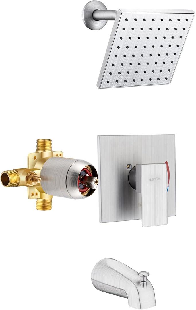 Esnbia Shower Tub Kit, Tub and Shower Faucet SetValve Included) with 6-Inch Rain Shower Head and Tub Spout, Single-Handle Tub and Shower Trim Kit,Brushed Nickel