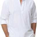 Cotton Linen Shirts for Men Lightweight Casual Long Sleeve Henley Beach Hawaiian Tops (White, XS)