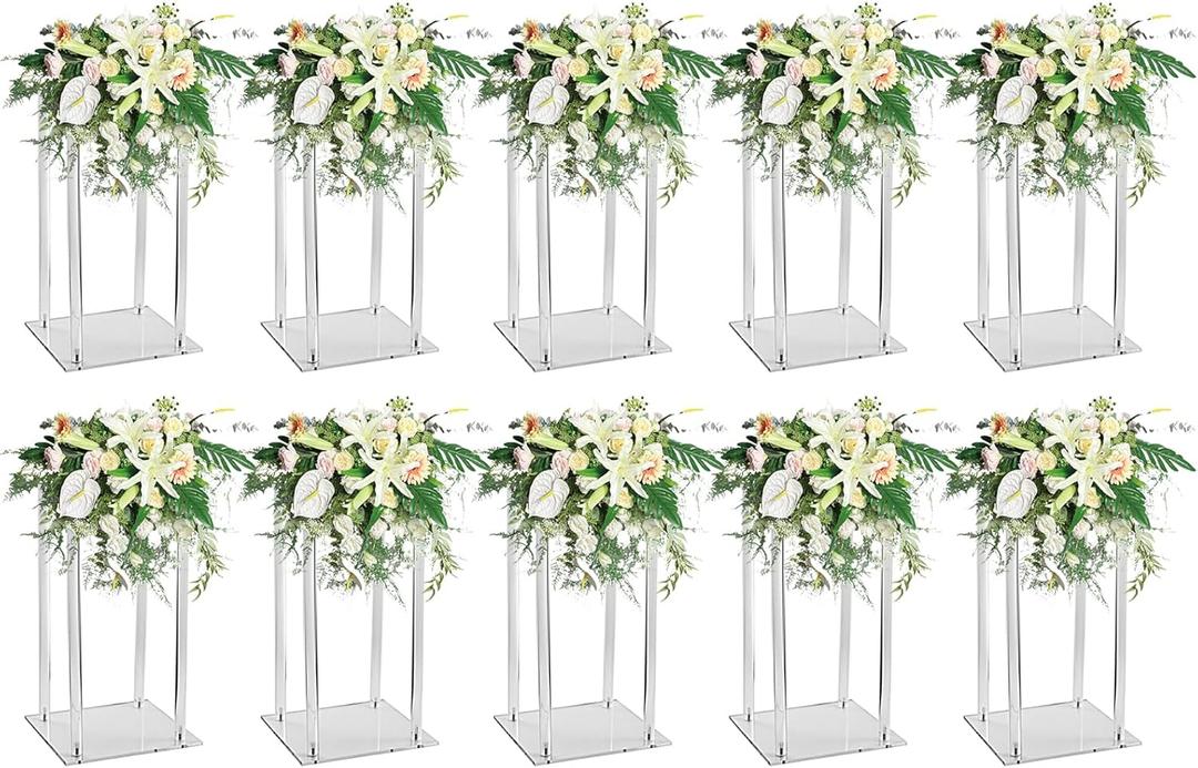 10 Pcs Acrylic Clear Vases for Wedding Centerpieces, 15.75" Tall Flower Stand, Engagement Home Party Table Decor Centerpiece Vases, Rectangular Acrylic Flower Stand with 50 Pcs Gold Napkin Rings