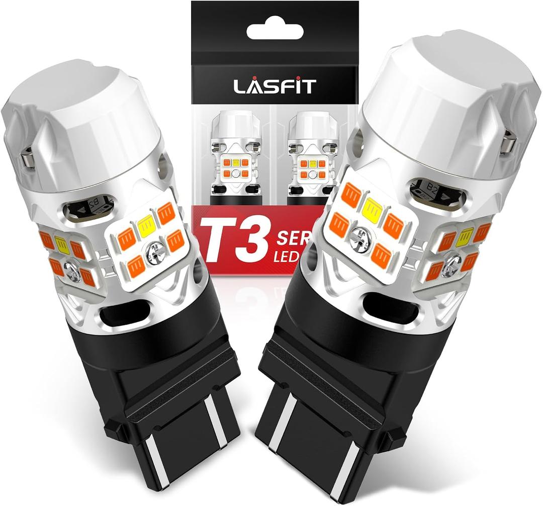 LASFIT 3157 Switchback LED Bulb, 3057 4157 White Amber T3 Series CANBUS Anti Hyper Flash Front Turn Signal DRL Parking Light New 500% Bright, Only for Standard Socket (Pack of 2)