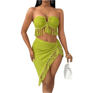 SHENHE Women's Fringe 2 Piece Vacation Outfits Halter Crop Top and Twisted Slit Skirt Set (X-Large, Green)