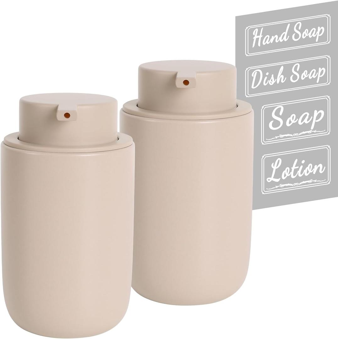 BosilunLife Khaki Soap Dispenser Set - 2 Pack 12oz Ceramic Dish Soap Dispenser with Rust Proof Pump for Kitchen, Hand Soap and Lotion Set Suitable for Farmhouse Bathroom Decor with Waterproof Labels