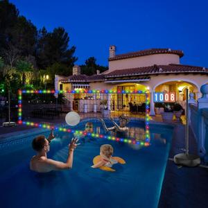 Pool Volleyball Net with Scoreboard, Adjustable Width (15-32 FT) Height (4-7.5 ft) Pool Volleyball Set with Water Base, LED Light, 【classic】4 Ft X 15-32 Ft