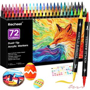 72 Colors Acrylic Paint Markers, Dual Tip with Fine Tip and Brush Tip Pens for Stone, Wood, Canvas, Glass, Ceramic, Metal, Rock, Fabric, DIY Art Projects