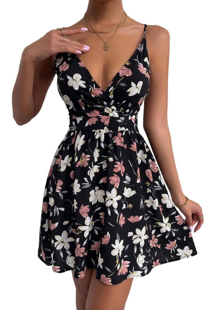 SweatyRocks Women's Summer Ditsy Floral Print Flared Dresses V-Neck A Line Short Cami Dress, Size 2XL