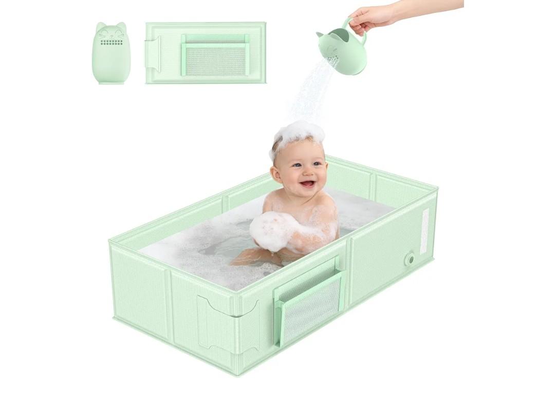 YomauiYee Baby Bathtub Green, Converts Shower to Tub, Foldable Toddler Tub with Rinse Cup, No Assembly Easy to Clean, Portable Collapsible Bath Tub for 6M-5Y, Travel Camping Hotel