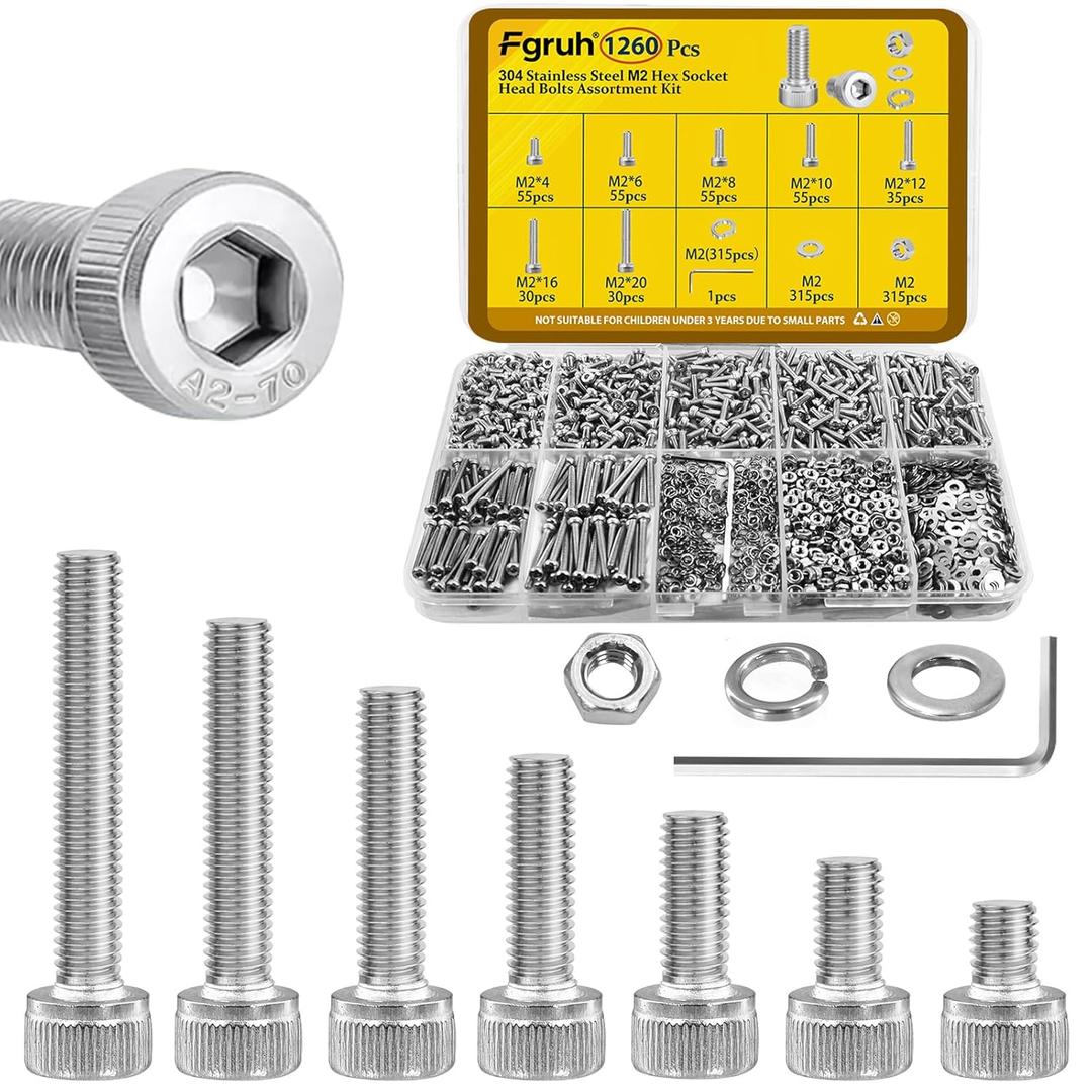 1260pcs M2 Screw Assortment kit, M2*4mm/6mm/8mm/10mm/12mm/16mm/20mm 304 Stainless Steel Hex Socket Head Cap Screw Bolts Nuts Flat & Lock Washer Set