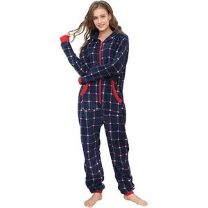 dressfan Unisex Pajamas Checked Hooded Cozy Jumpsuit Zipper Onesie Christmas Pajamas for Family Couples Women Men (Blue Red Check, Large)