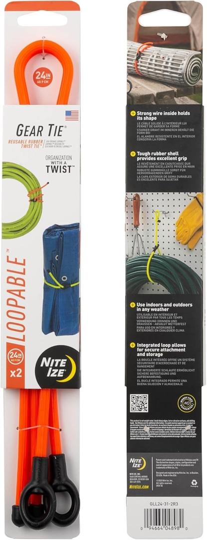 Nite Ize, Inc. GLL24-31-2R3 Nite Ize Gear Loopable, The Original Reusable Rubber Sturdy Integrated Loop, 24 Inch, Bright Orange, 2-Pack, Made in The USA Twist Tie, 24"-2 Pack