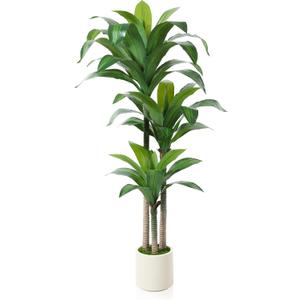 Artificial Dracaena Tree 5ft, Tall Fake Dracaena Plants with White Planter, Faux Dragon Tree Indoor Floor Plant for Home Decor Office Living Room Porch Housewarming, 1Pcs