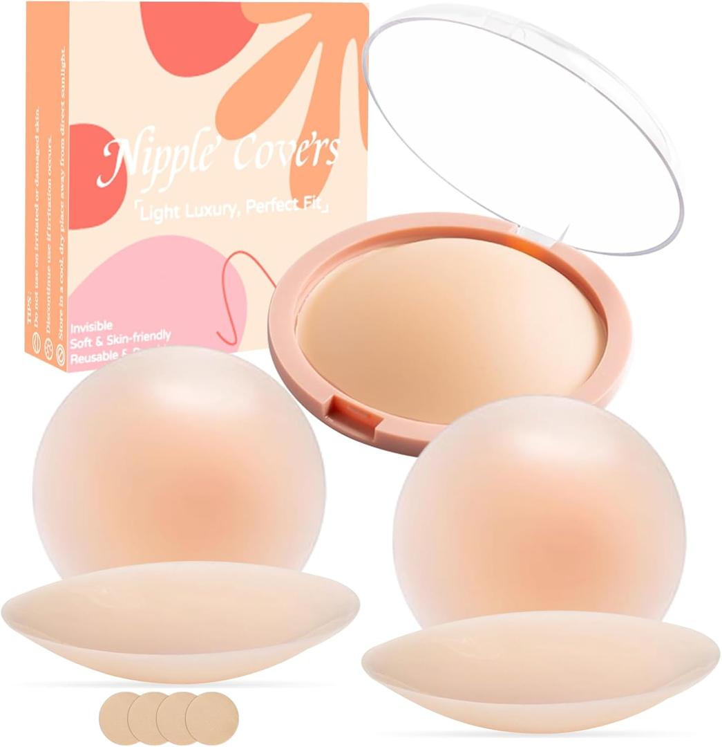 Silicone Nipple Covers Reusable Women: 2 Pairs Sticky Waterproof Seamless Pasties Sports with Travel Case (Circles Crme)