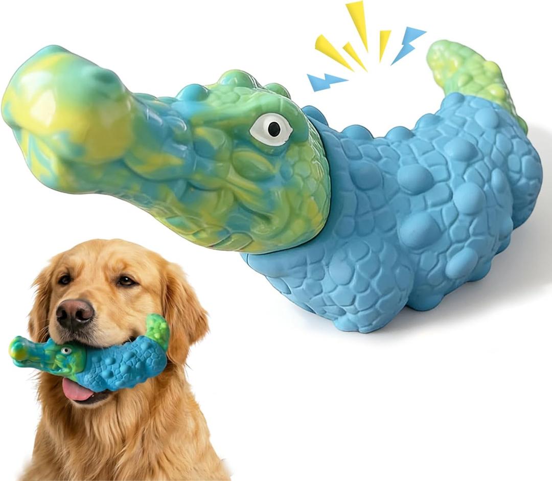 Dog Chew Toys for Aggressive Chewers, Tough Alligator Dog Toy, Rubber & Durable Nylon, Squeaky Toy for Small, Medium, Large Breeds, Teeth Cleaning, Interactive Dog Toy