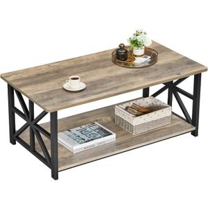 GreenForest Coffee Table for Living Room with Round Corners Farmhouse Style Center Table with Storage Shelf 39 Inch Space Saving Easy Assembly Gray Wash