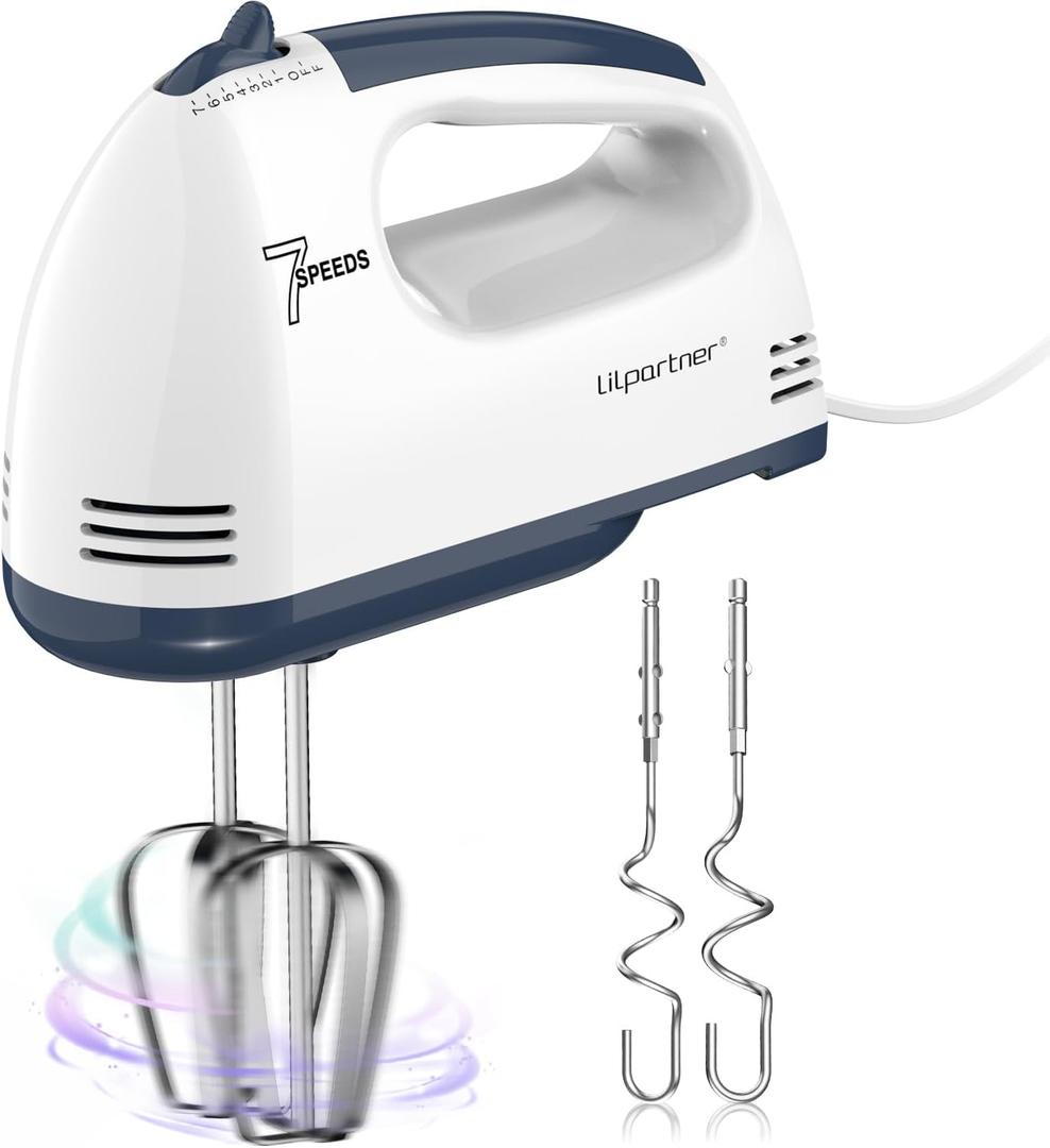 LILPARTNER Hand Mixer Electric, Small Food Mixer 7 Speeds Handheld Blender, 304 *(2* Beater, 2*Dough Hook) Kitchen Blender for Cream, Cookies, Dishwasher Safe, White