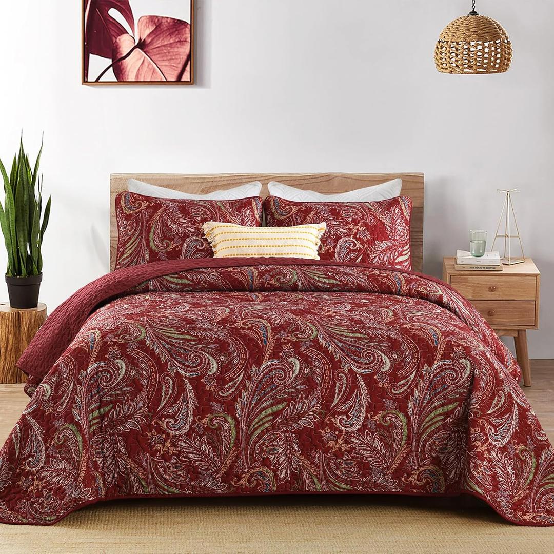 WONGS BEDDING Boho Quilt Set Queen,3 Pieces Red Paisley Pattern Bedspread Coverlet Set,Lightweight Microfiber Bohemian Bedding Set for All Season 96"90"