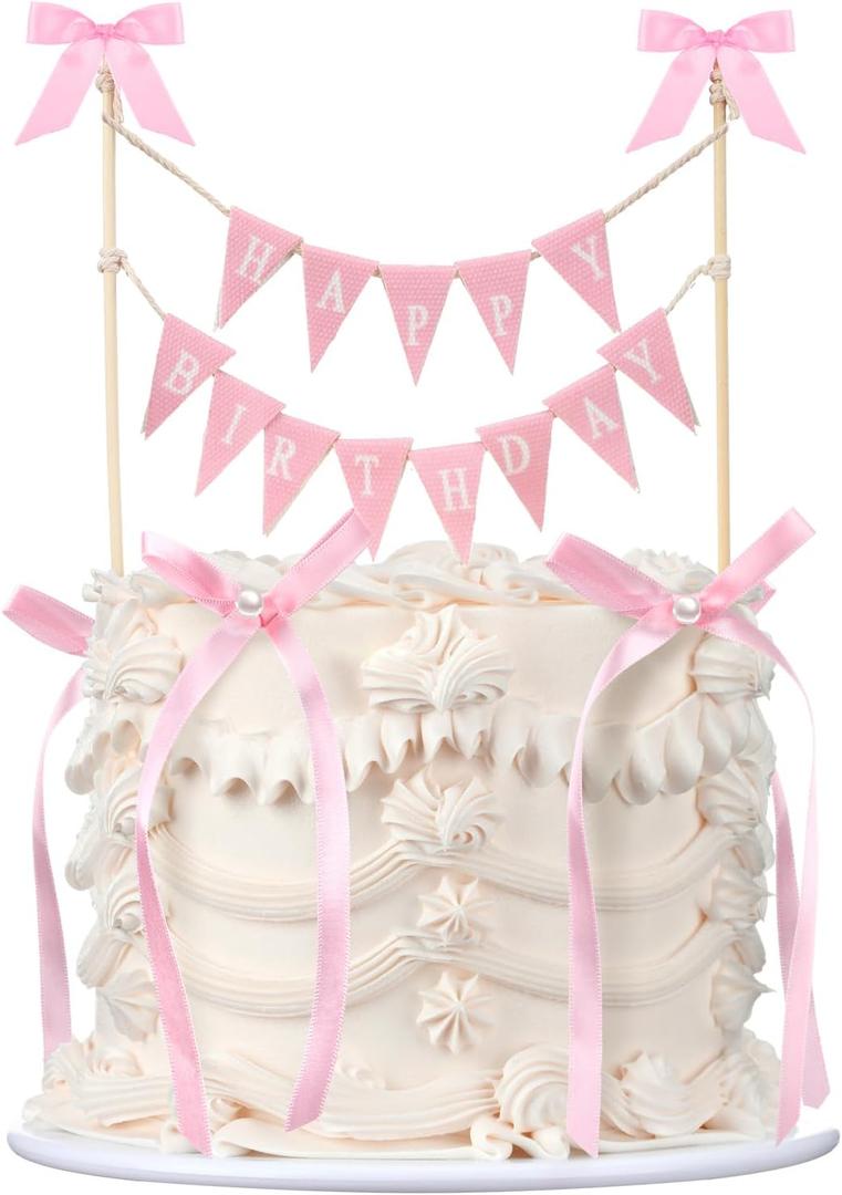 Honeydak 11 Pcs Pink Bow Ribbon Cake Topper Happy Birthday Cake Bunting Topper with Wood Pole Handmade Pennant Flags with Bows Ribbon for Birthday, Bridal Party Decoration