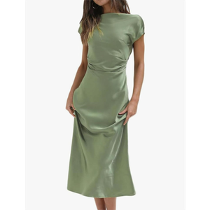 Gmeitoey 2025 Satin Cap Sleeve Cowl Back Summer Dresses for Women Elegant Ruched Waist Wedding Guest Midi Dress Sage Size Small