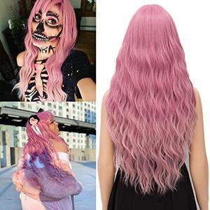 Netgo Pink Ombre Wig for Women Long Wavy Heat Resistant Fiber Wigs with Side Bangs Cosplay Party