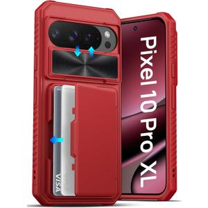 ATATOO for Google Pixel 10 Pro XL Case Wallet, Built-in Card Holder (Store 3-5 Cards) & Slide Lens Cover, Military Grade Protection, Silicone Protective Phone Cover for Pixel 10 Pro XL 6.8" 2025, Red