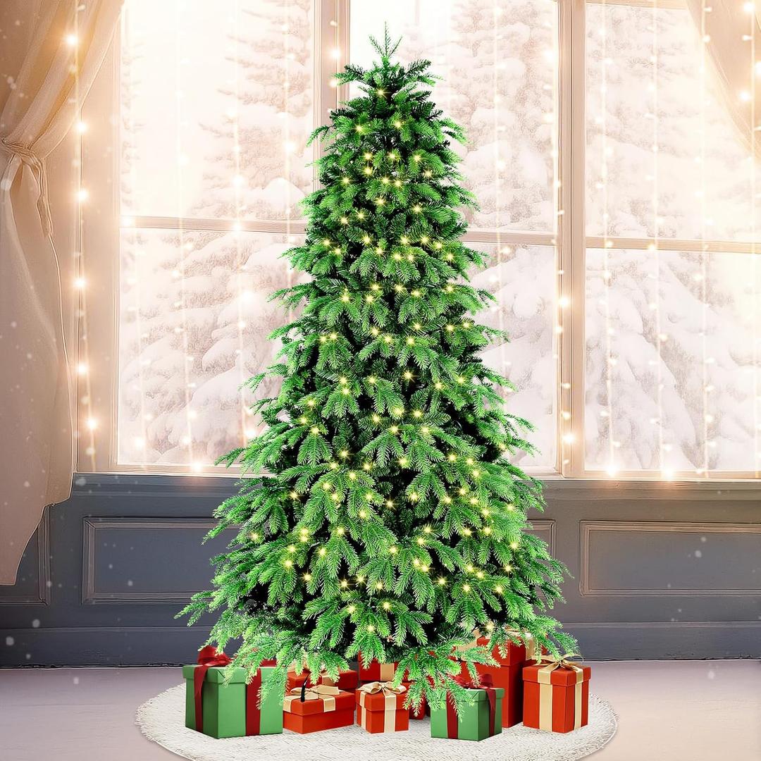 5FT Prelit Artificial Christmas Tree, Pre Lit Christmas Tree with 250 Lights and 1316 Branch Tips, Lighted Hinged Xmas Trees with Foldable Metal Stand for Party, Holiday, Home, Office (Green)