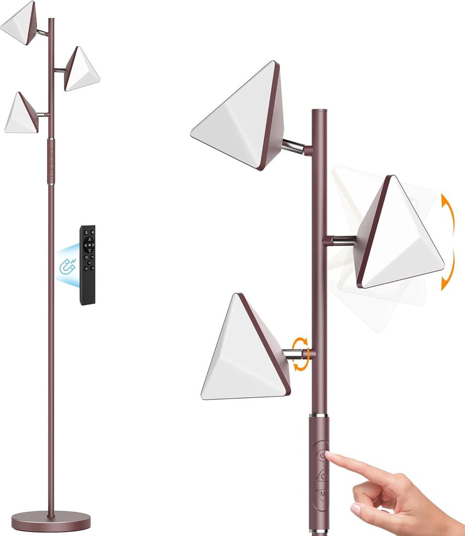 LED Tree Floor Lamp, 36W Dimmable Tall Standing Lamp with Remote & Touch Control, 2700K-6500K 4 Color Temperatures, 3 Rotatable LED Lights Floor Lamps for Living Room, Bedroom, Office - Brown