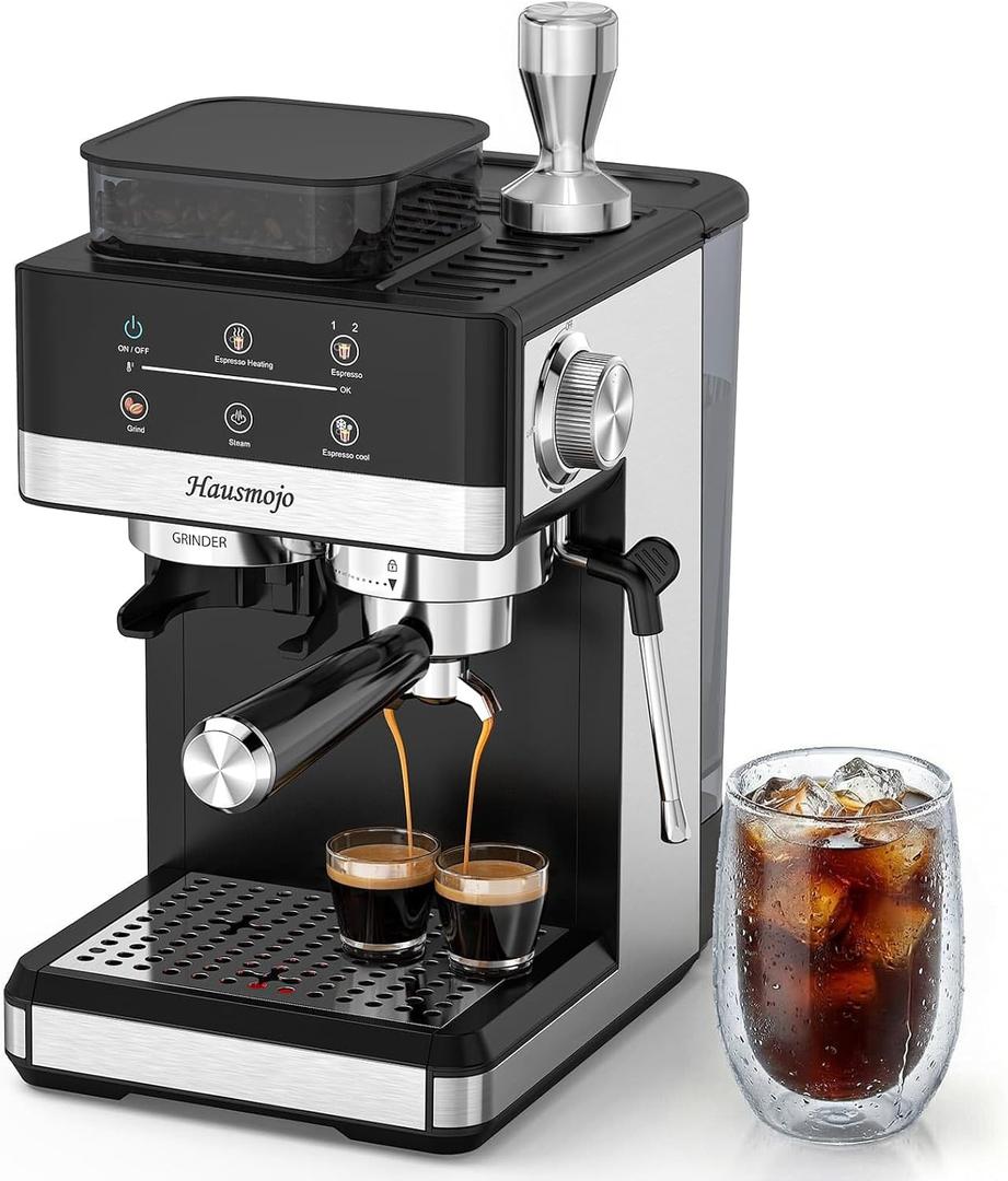 Espresso Machine with Grinder, 20Bar Expresso Coffee Machines with Milk Frother, Professional Compact Stainless Steel Coffee Maker for Espresso, Latte & Cappuccino, Perfect for Home Use