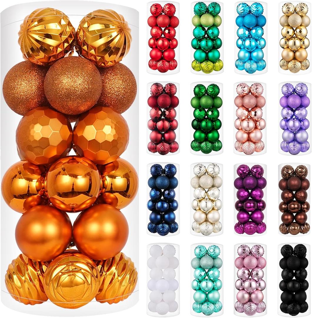 XmasExp 24ct Christmas Ball Ornaments Set Yellow Shatterproof Xmas Tree Hanging Decorations Perfect for Fall Thanksgiving Holiday Decor (Orange, 2.36")