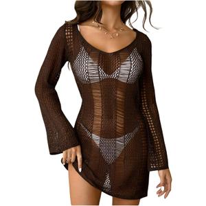 Floerns Women's Crochet Cover Up Long Sleeve Hollow Out Bikini Swimsuit Beach Cover Up Swimwear (Brown), S