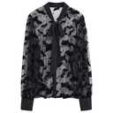 CHICWISH Women Mesh Tops Velvet Bats Printed Casual Shirt Self Tie Knot V Neck Long Sleeve Halloween Holiday Buttoned Blouse Black, L/XL