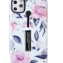 Compatible with iPhone 11 Pro Case Finger Grip,3D Embossed Pink Flowers White Shell Design,Rugged Shockproof Slim Fit Dual Layer Finger Ring Loop Strap Case,Invisible Bracket Phone case