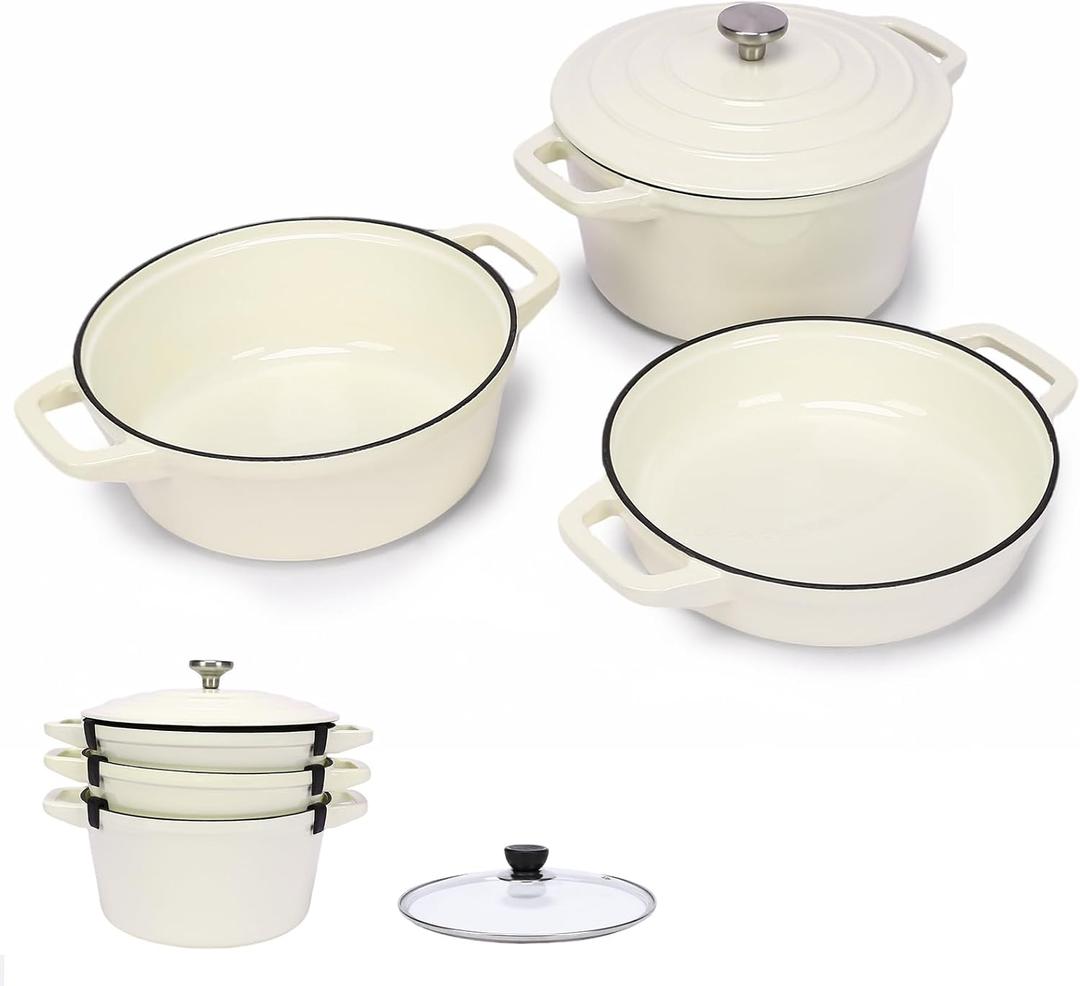 Hisencn Enameled Cast Iron Set,5-Piece 10-Inch Stackable Pots and Pans
Dutch Oven, Skillet, Grill Pan & 2 Universal Lids, Space-Saving Cookware with Protective Spacers, White